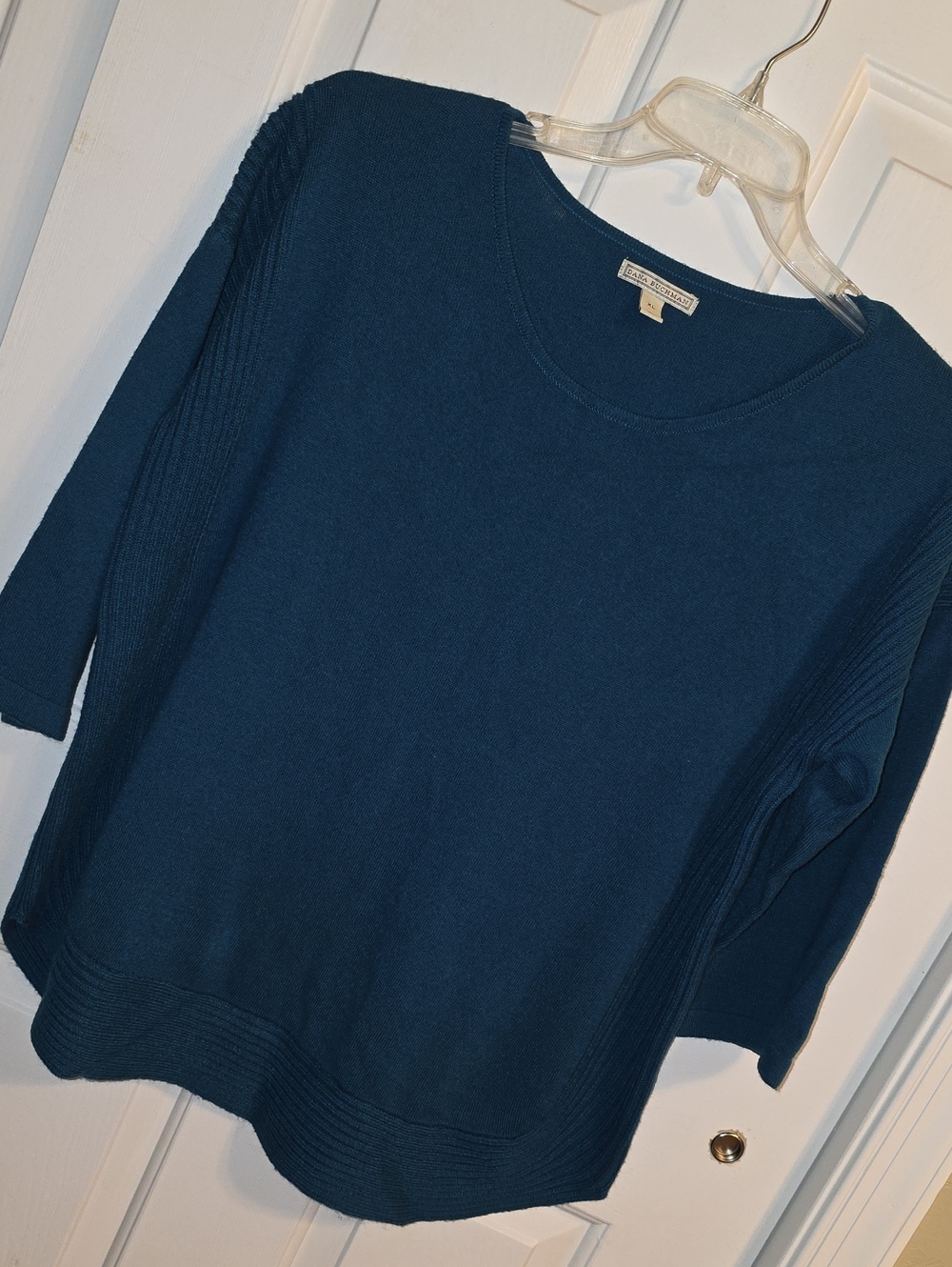 Dana Buchman Teal Scoop-Neck Ribbed Side Knit Sweater